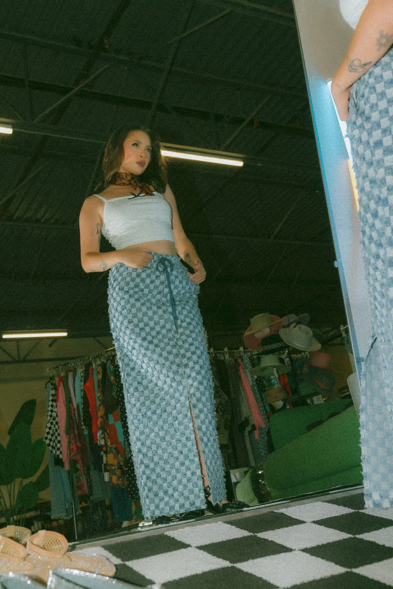 Check Mate Textured Denim Maxi Skirt