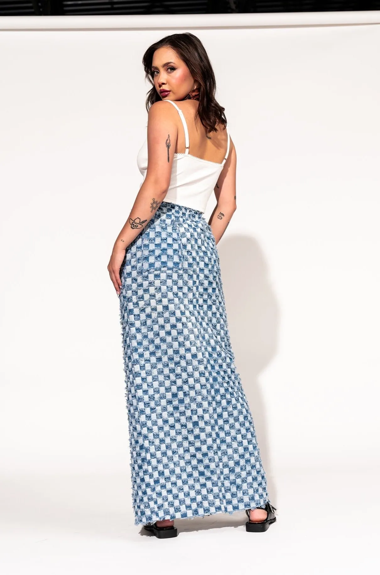 Check Mate Textured Denim Maxi Skirt