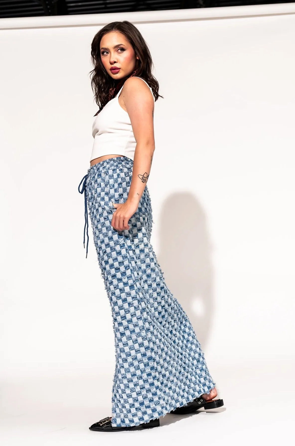 Check Mate Textured Denim Maxi Skirt