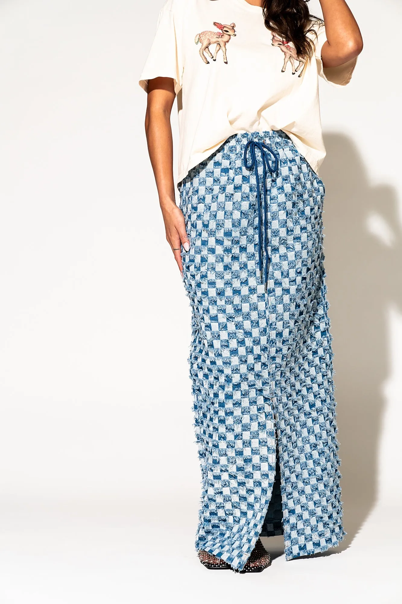 Check Mate Textured Denim Maxi Skirt