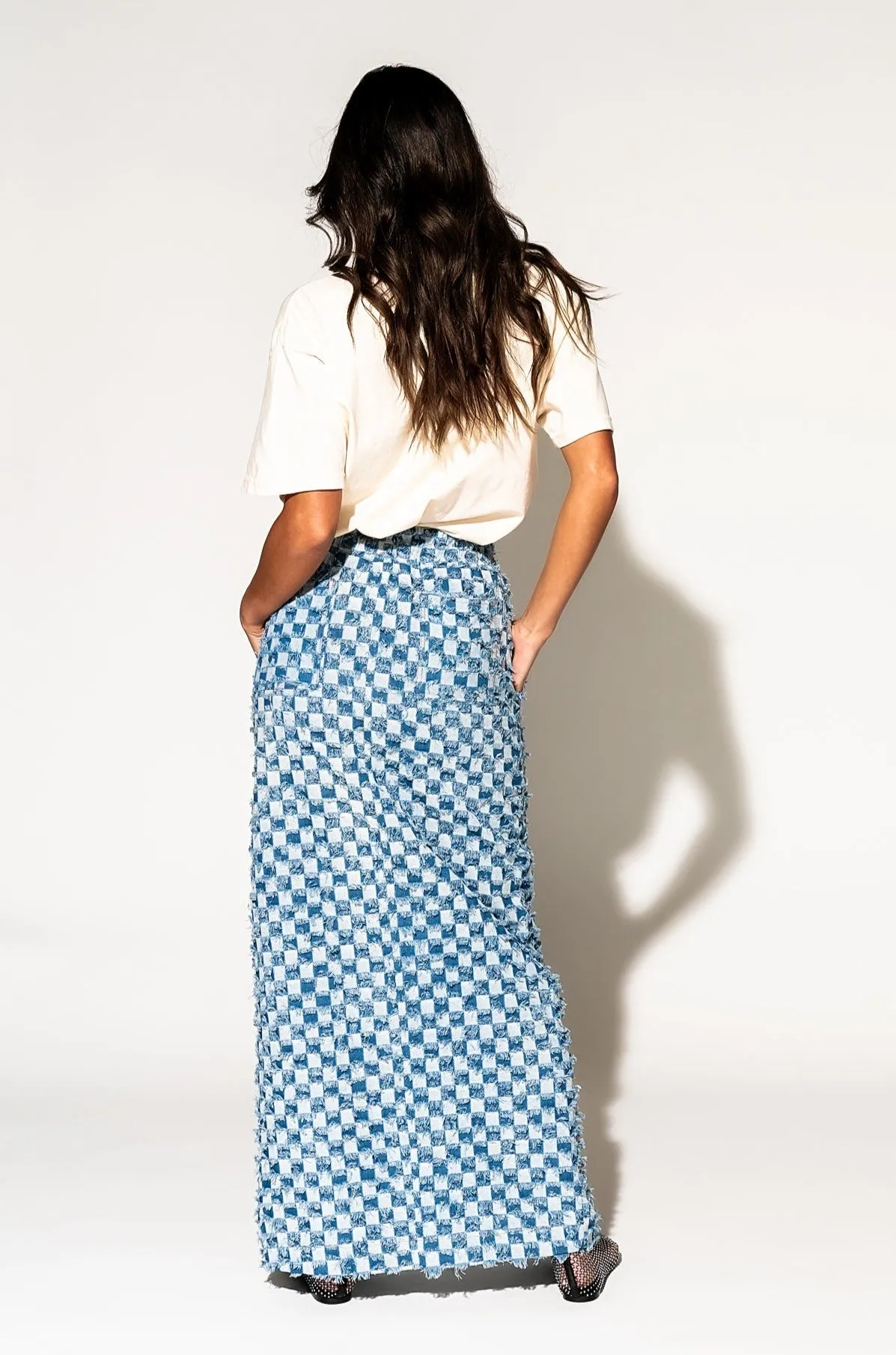 Check Mate Textured Denim Maxi Skirt