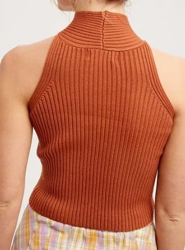 Classy Butterscotch Ribbed Knit Cross Neck Top