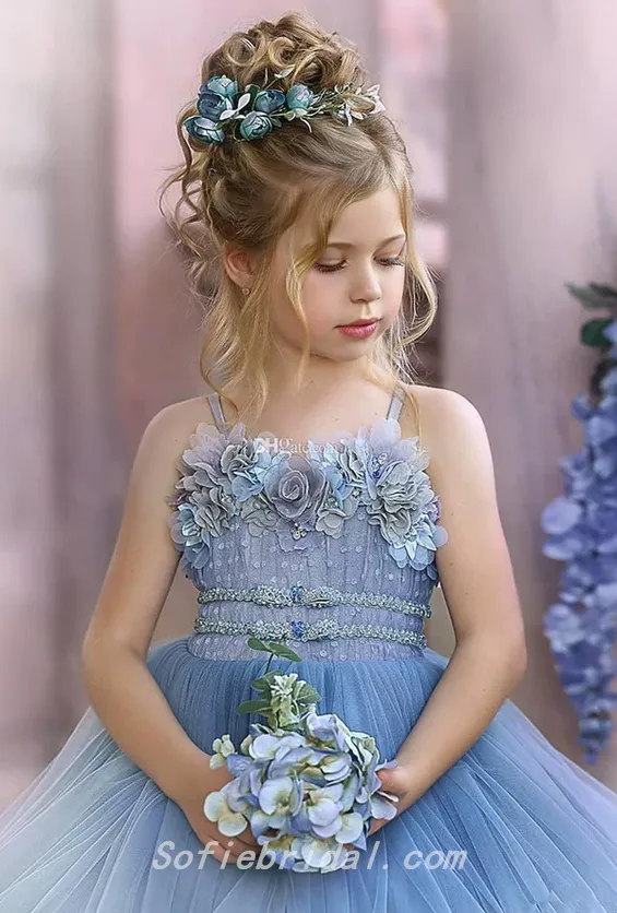 Cute Elegant Spaghetti Straps Tulle Beading Applique A-Line Flower Girl Dresses, FGS0033