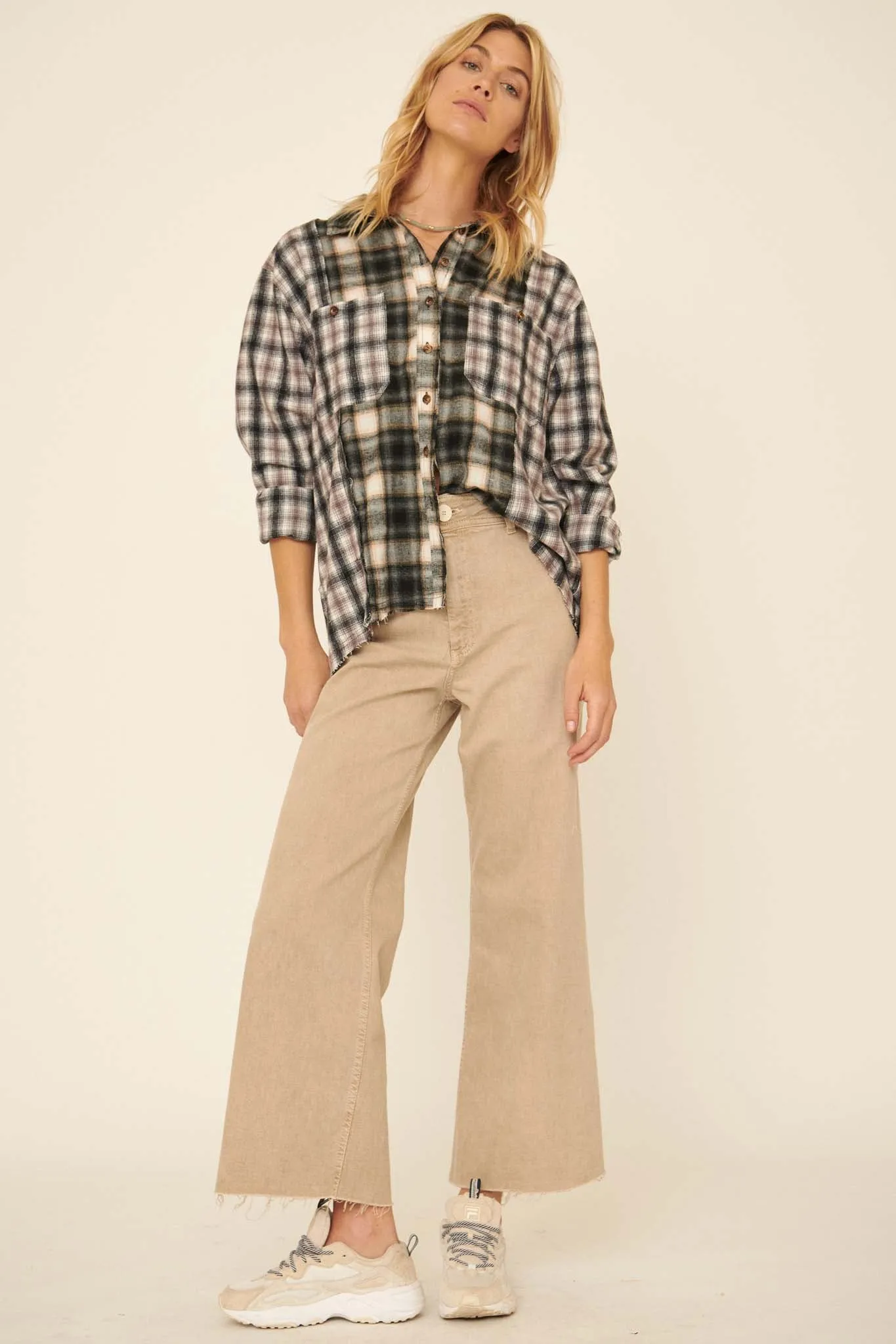 Down Home Colorblock Plaid Raw-Edge Shirt