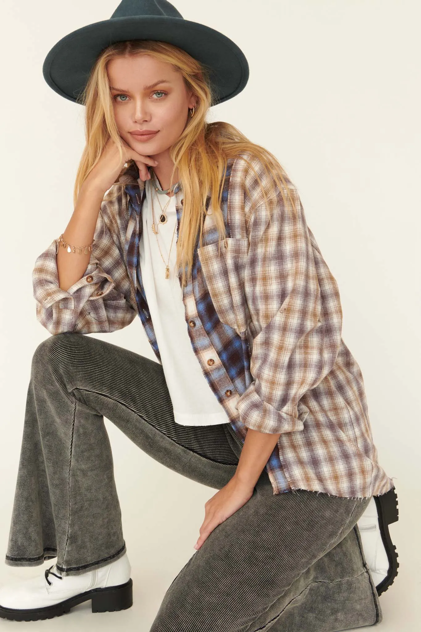 Down Home Colorblock Plaid Raw-Edge Shirt