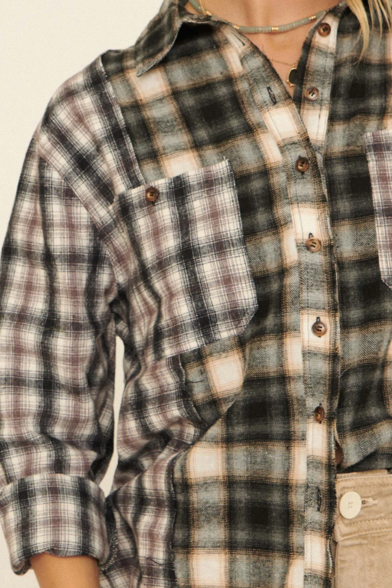 Down Home Colorblock Plaid Raw-Edge Shirt