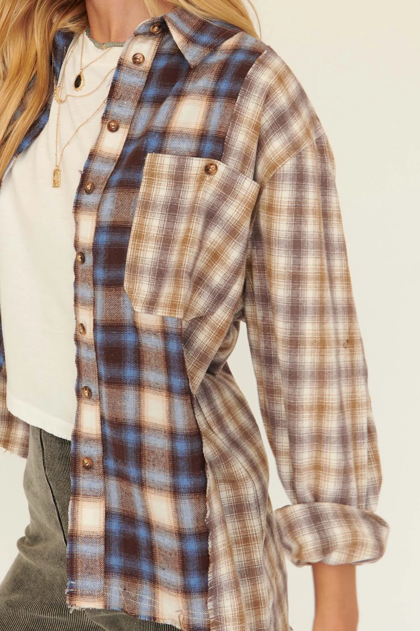 Down Home Colorblock Plaid Raw-Edge Shirt