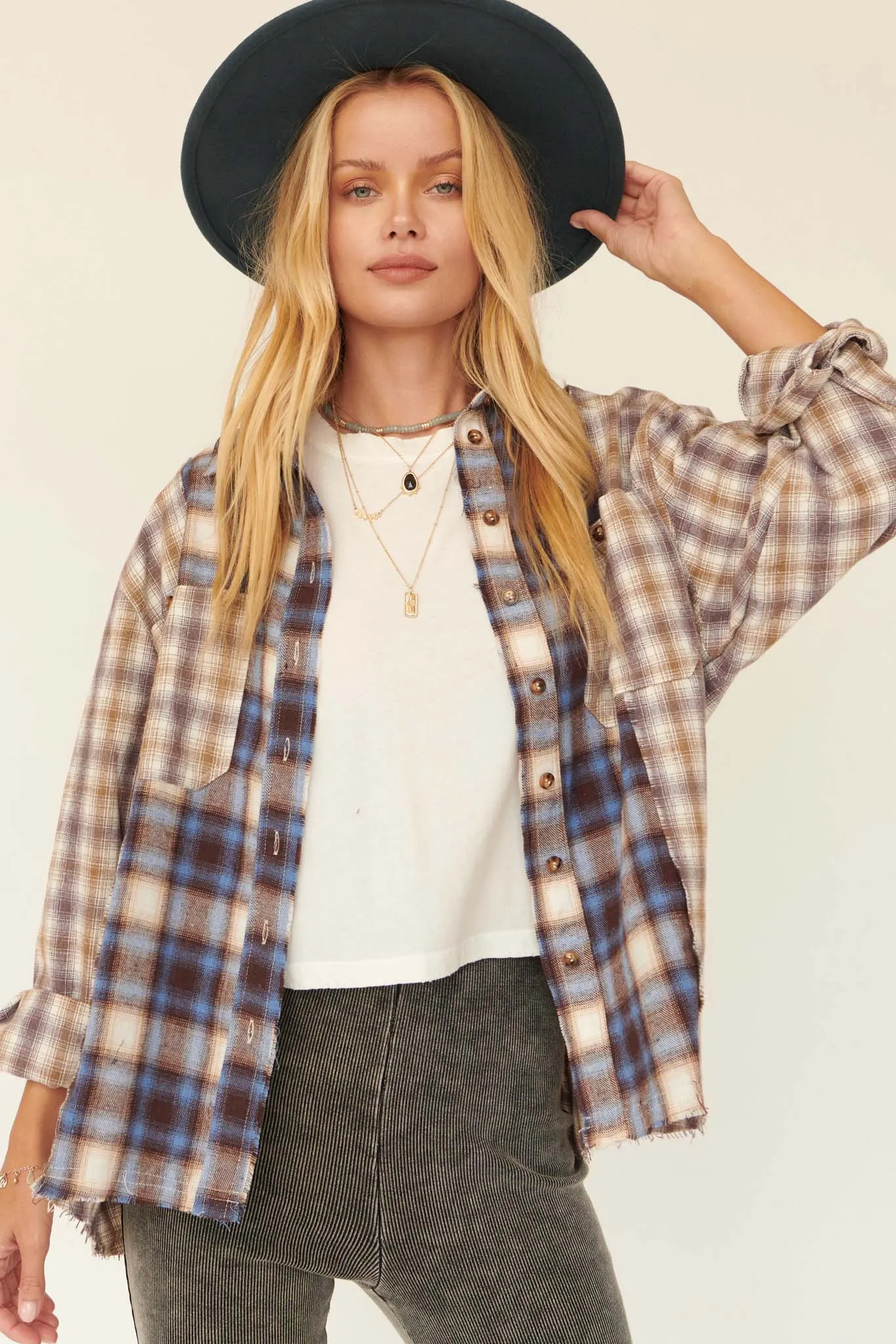 Down Home Colorblock Plaid Raw-Edge Shirt