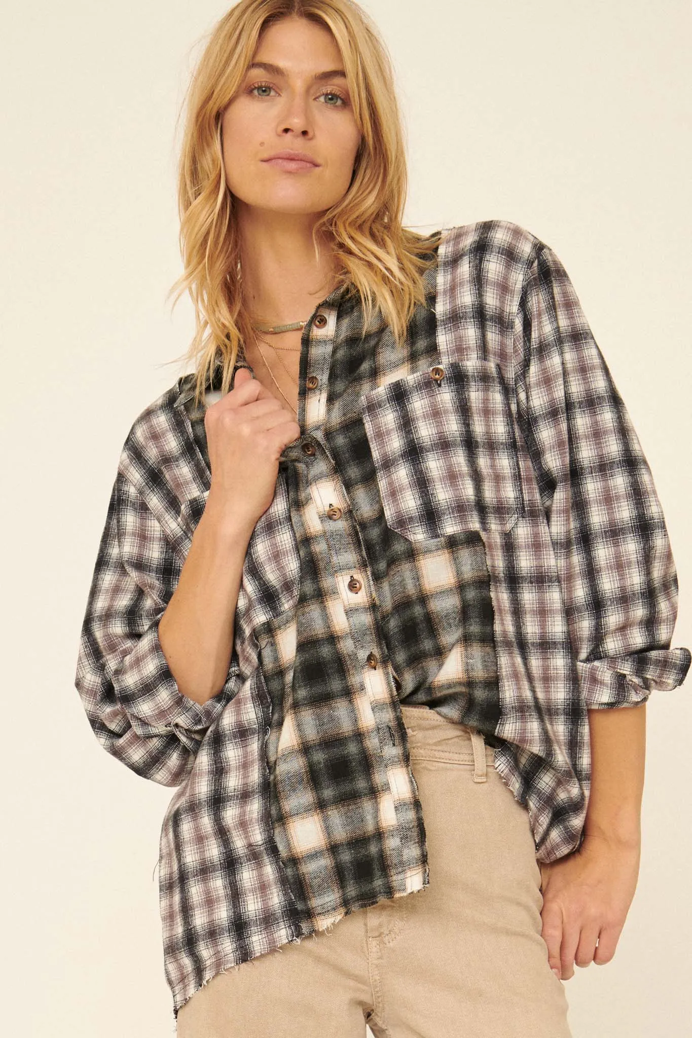 Down Home Colorblock Plaid Raw-Edge Shirt