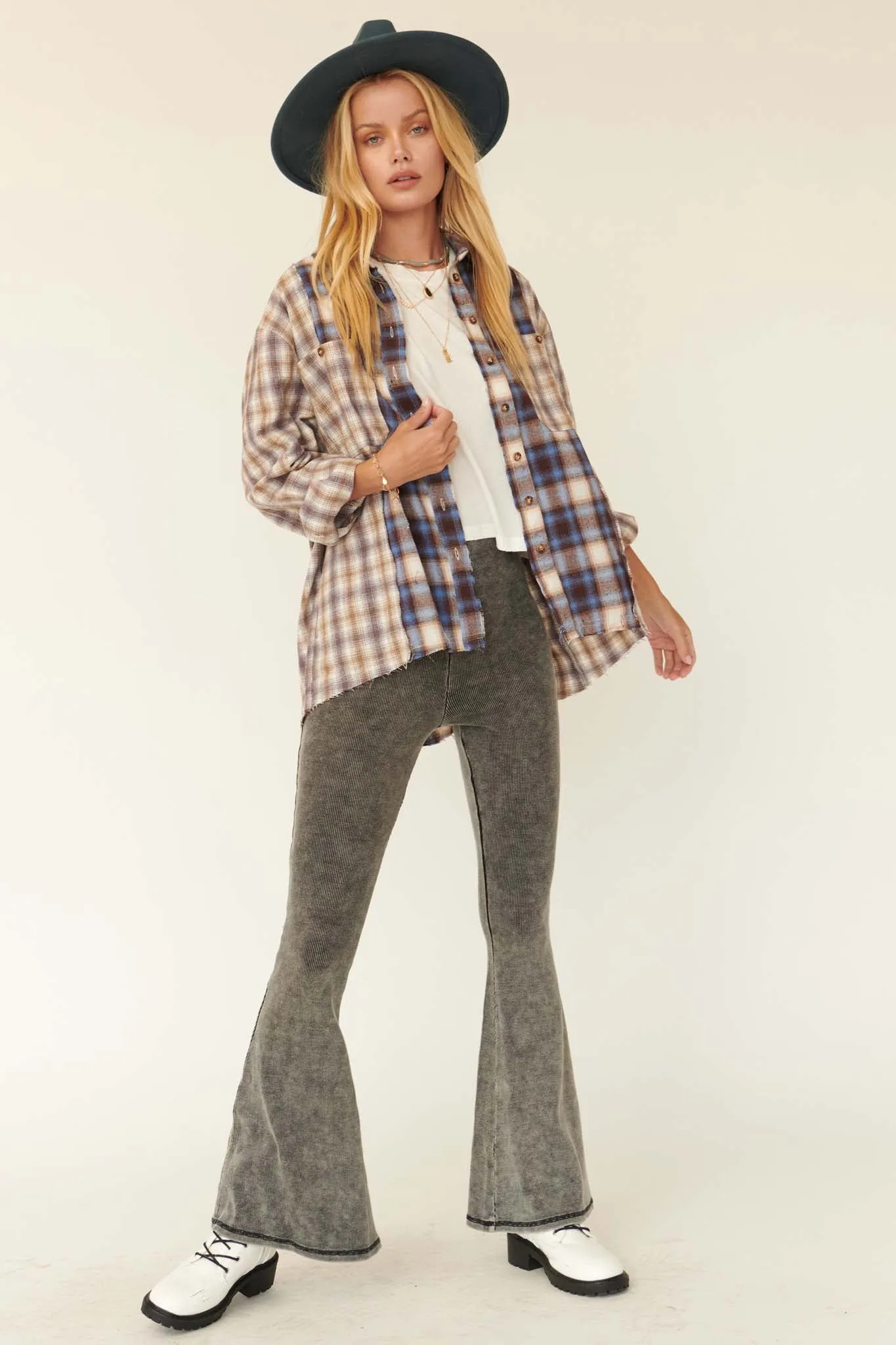 Down Home Colorblock Plaid Raw-Edge Shirt