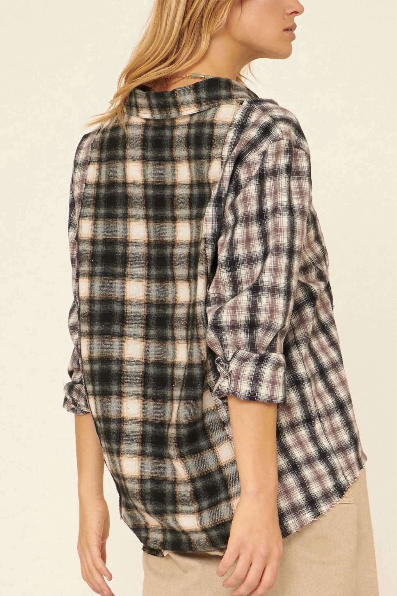 Down Home Colorblock Plaid Raw-Edge Shirt