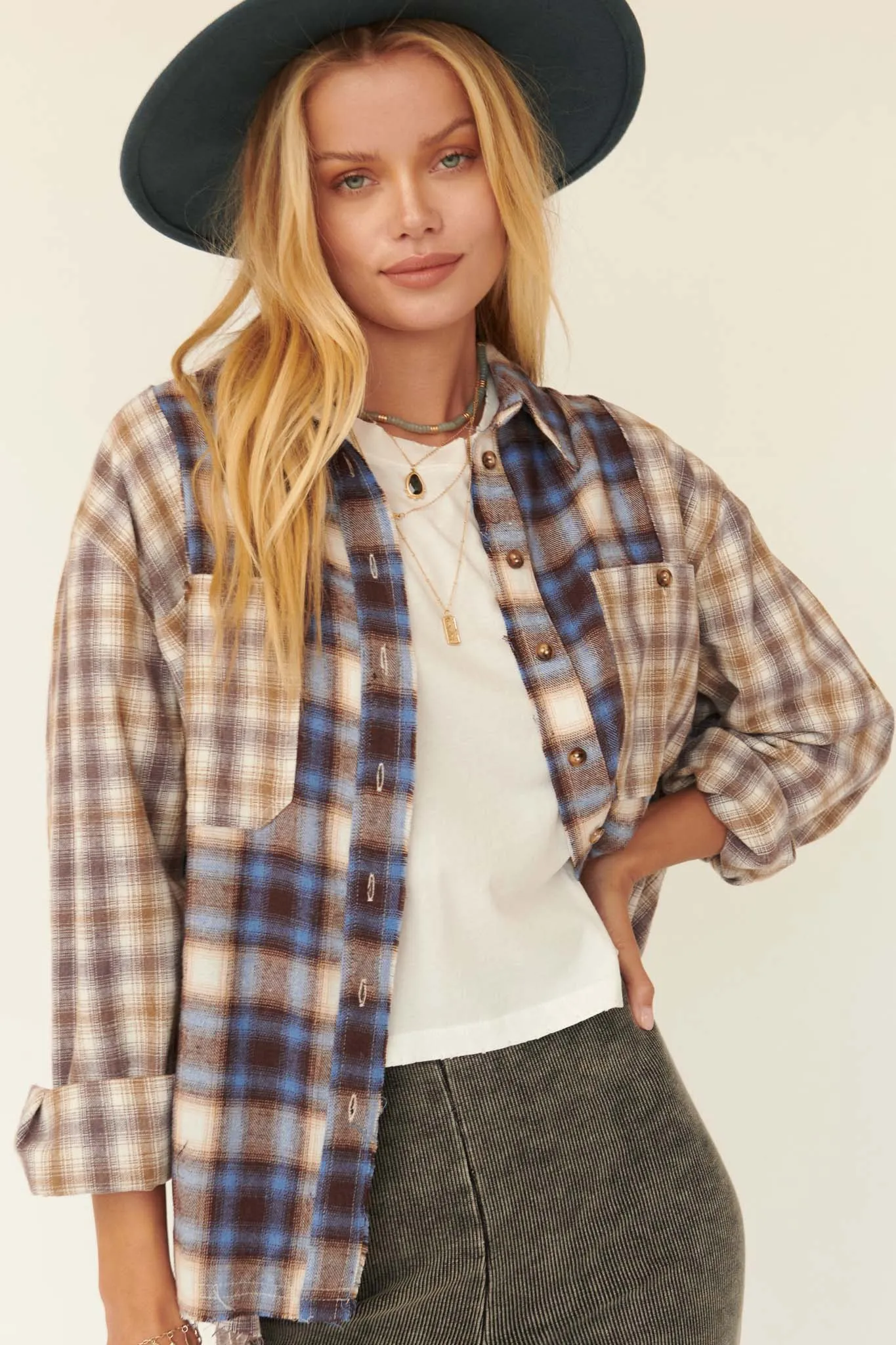 Down Home Colorblock Plaid Raw-Edge Shirt