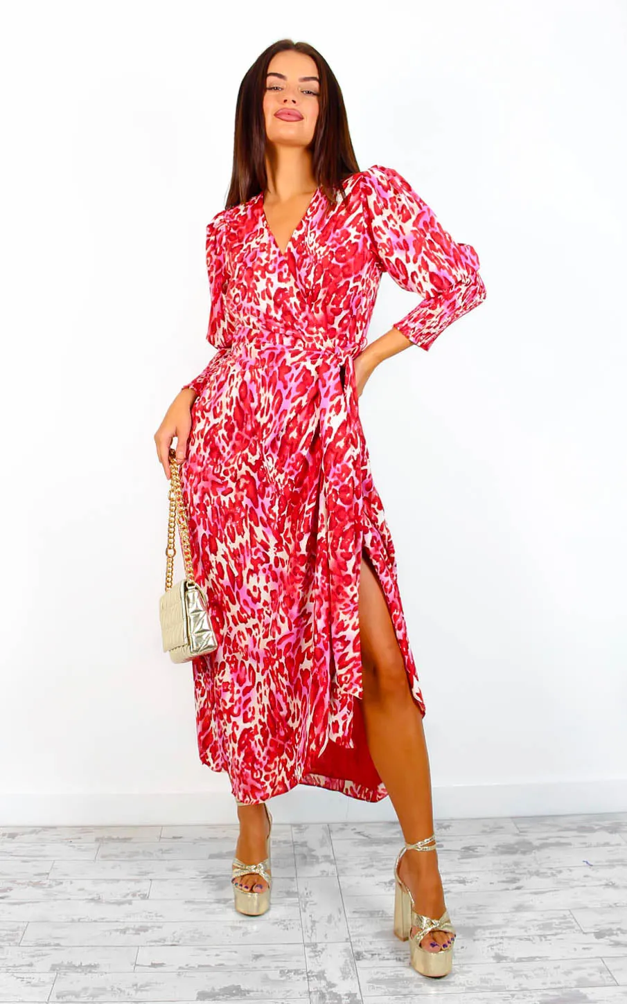 Drive Em Wild - Red Beige Animal Print Midi Wrap Dress