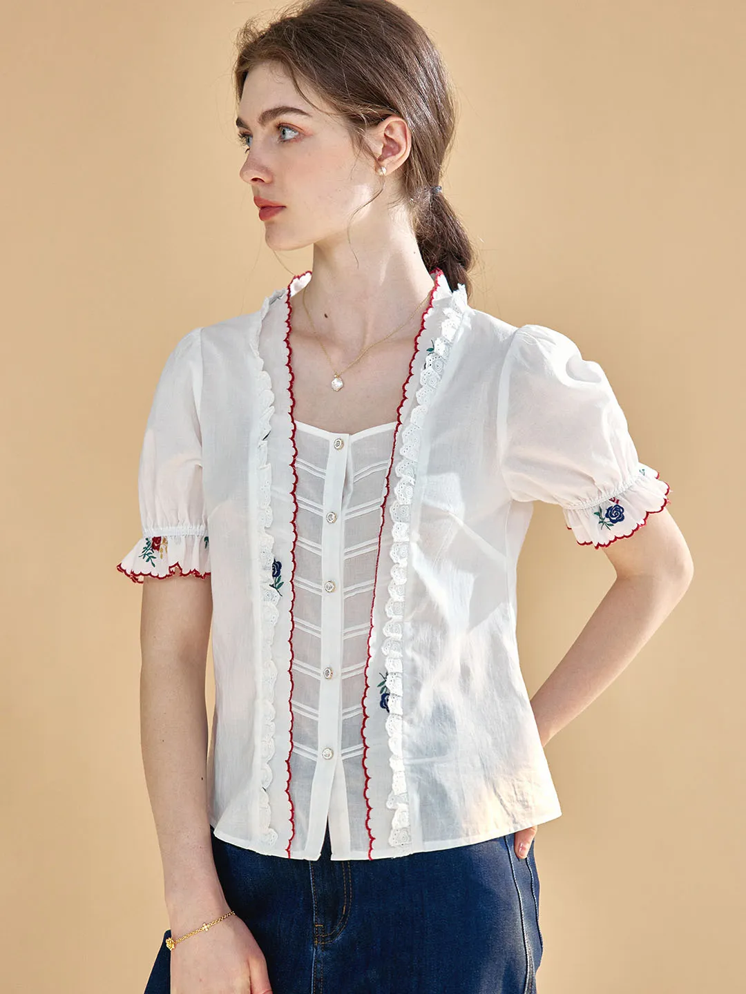 【Final Sale】Rivka Embroidered Lace Cotton White Blouse