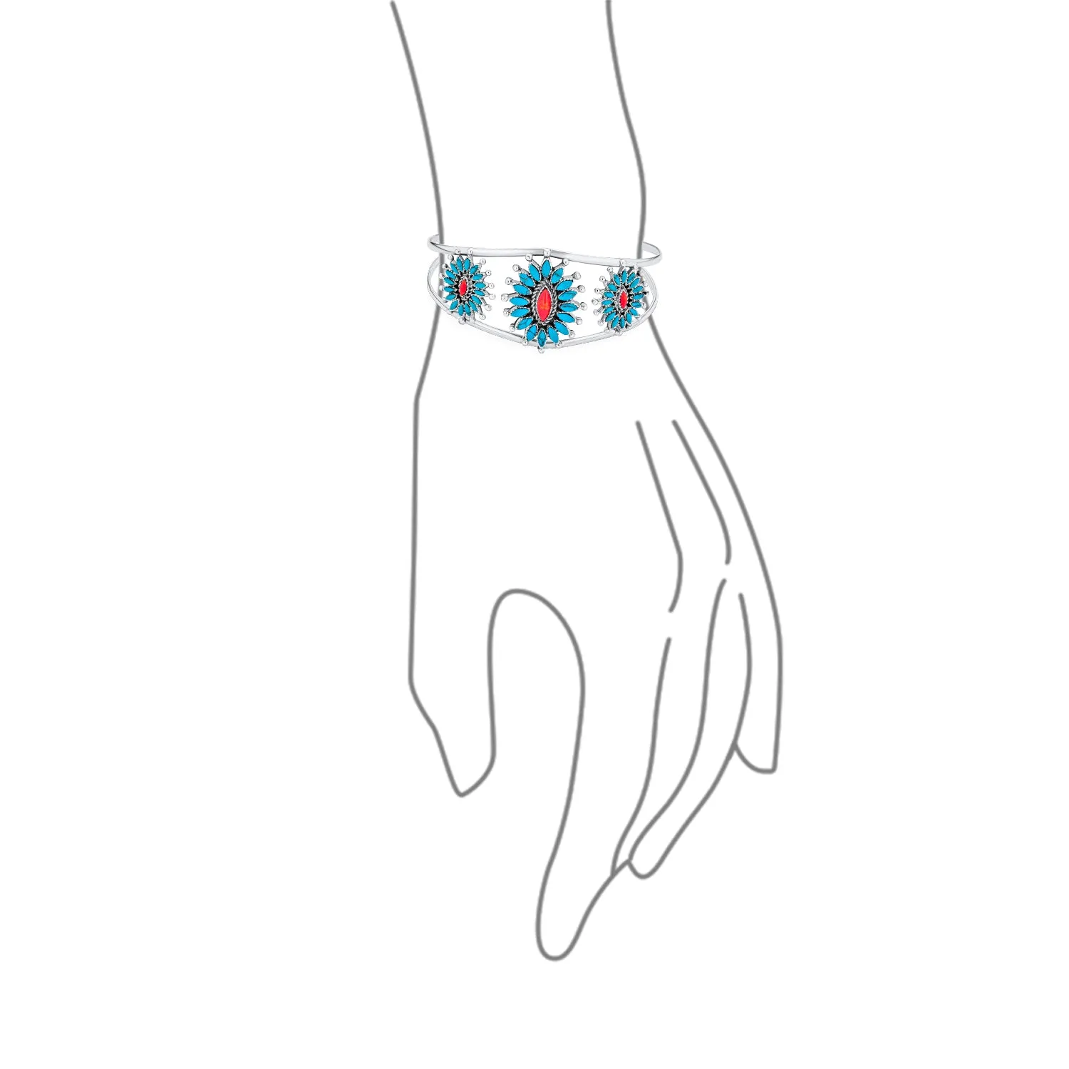 Floral Cluster Native American Coral Turquoise Pendant Cuff Bracelet