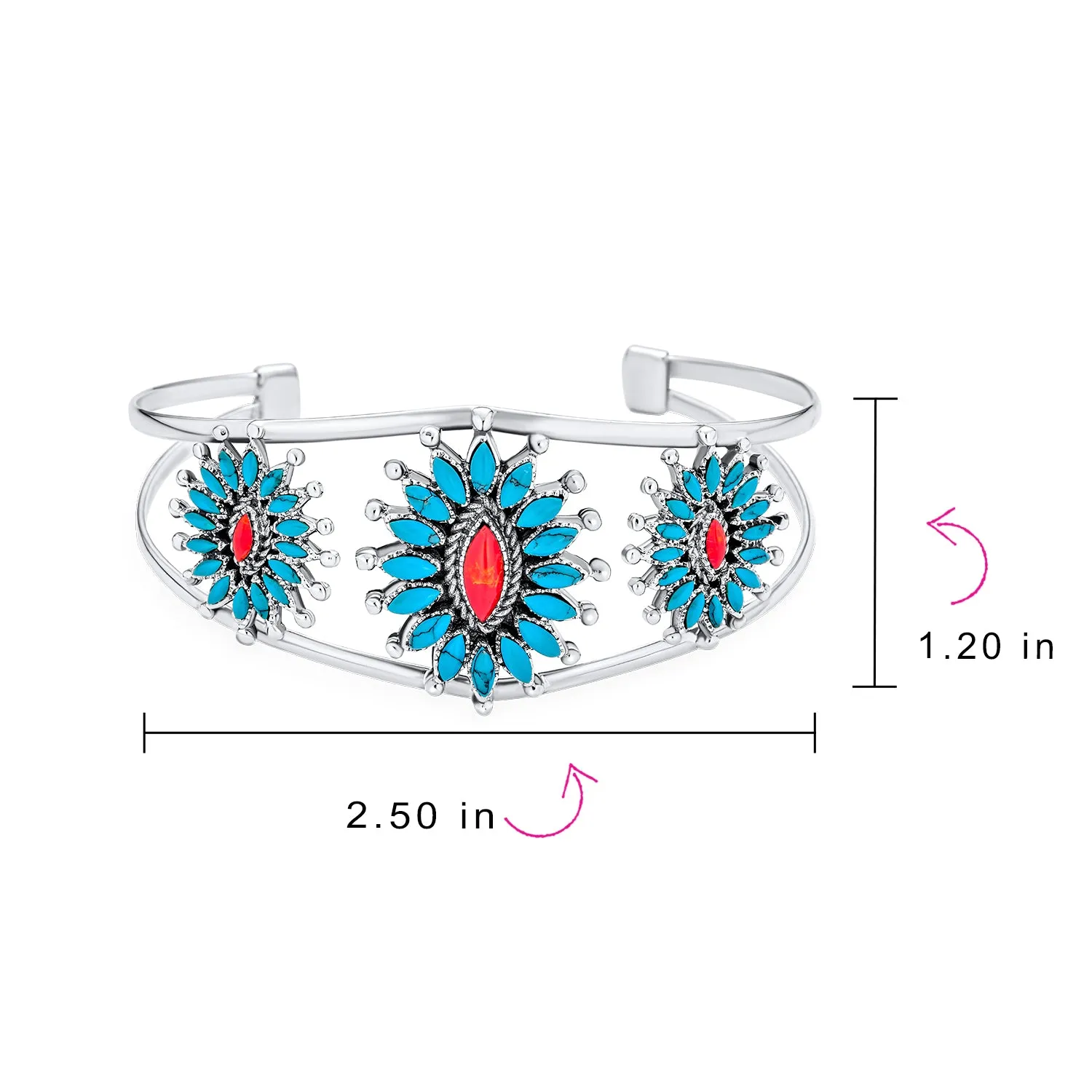 Floral Cluster Native American Coral Turquoise Pendant Cuff Bracelet