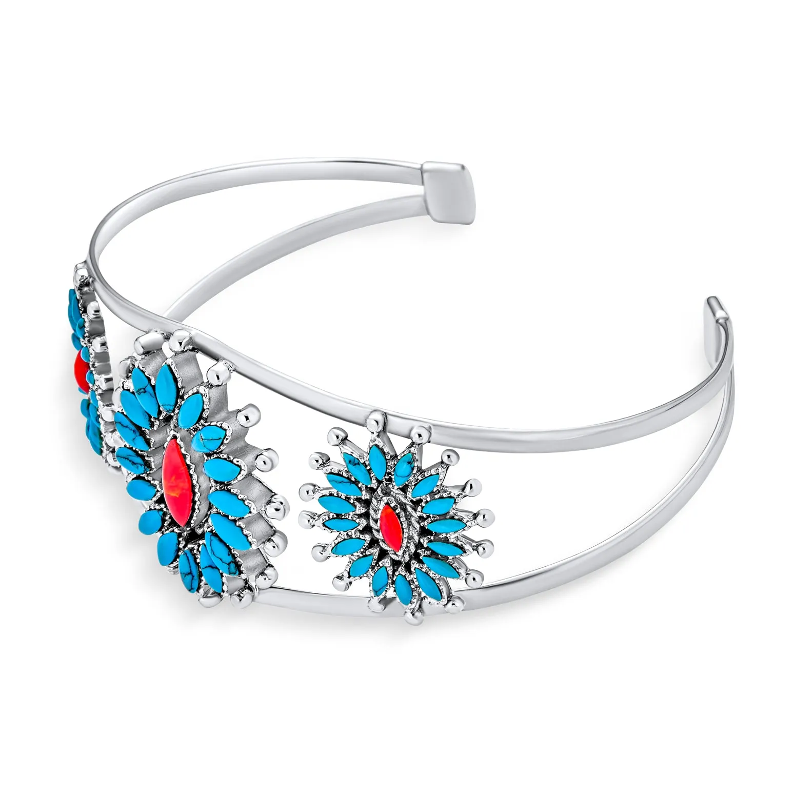Floral Cluster Native American Coral Turquoise Pendant Cuff Bracelet