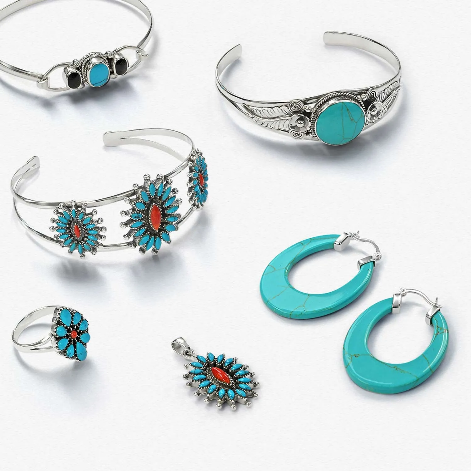 Floral Cluster Native American Coral Turquoise Pendant Cuff Bracelet