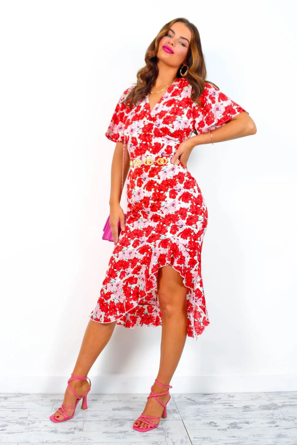 Forever Flirty - Red Pink Floral Midi Dress