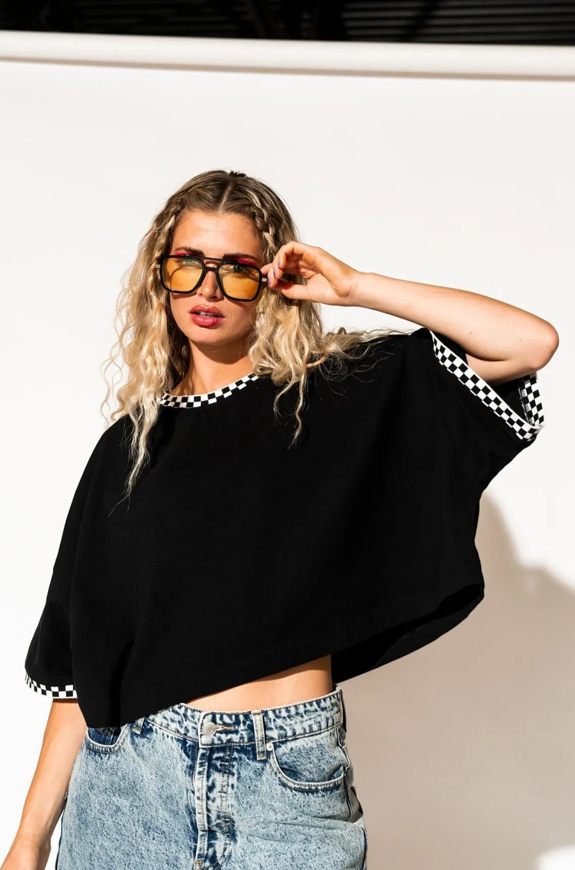 Frankie Cropped Tee in Black   Checkerboard