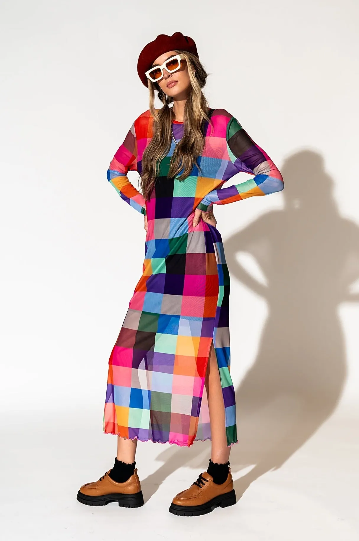 Mad About You Long Sleeve Mesh Dress in Forever Young Check