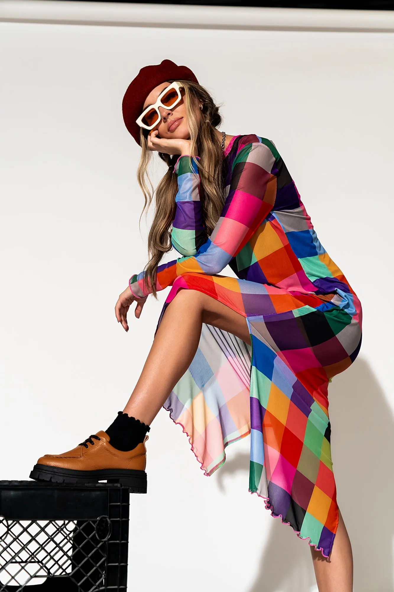 Mad About You Long Sleeve Mesh Dress in Forever Young Check