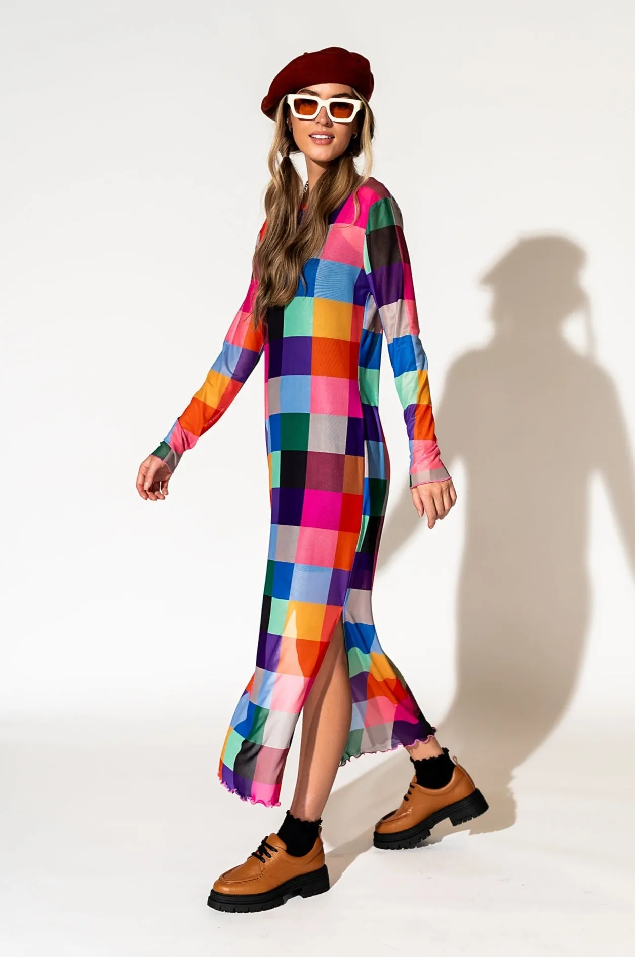 Mad About You Long Sleeve Mesh Dress in Forever Young Check