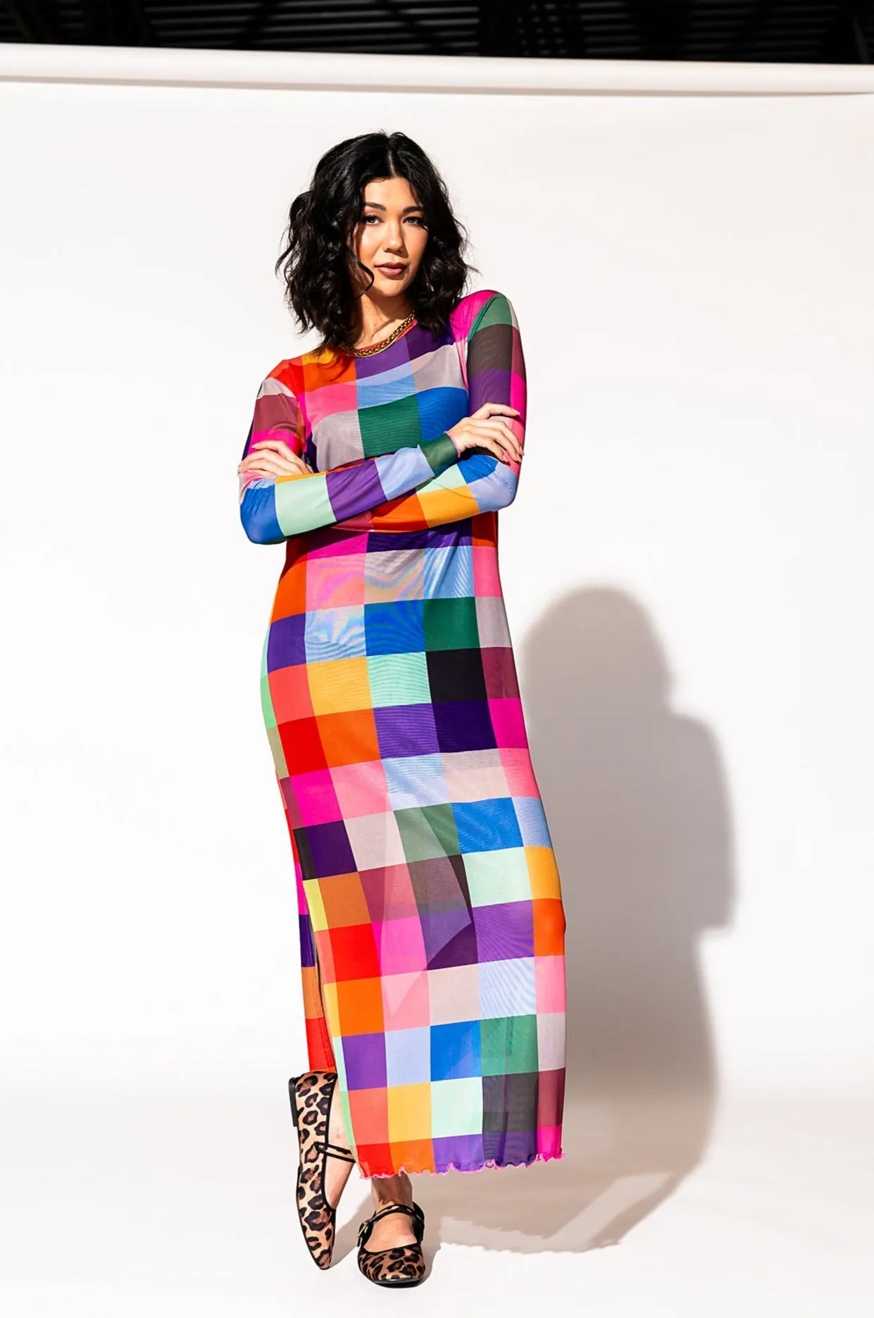 Mad About You Long Sleeve Mesh Dress in Forever Young Check