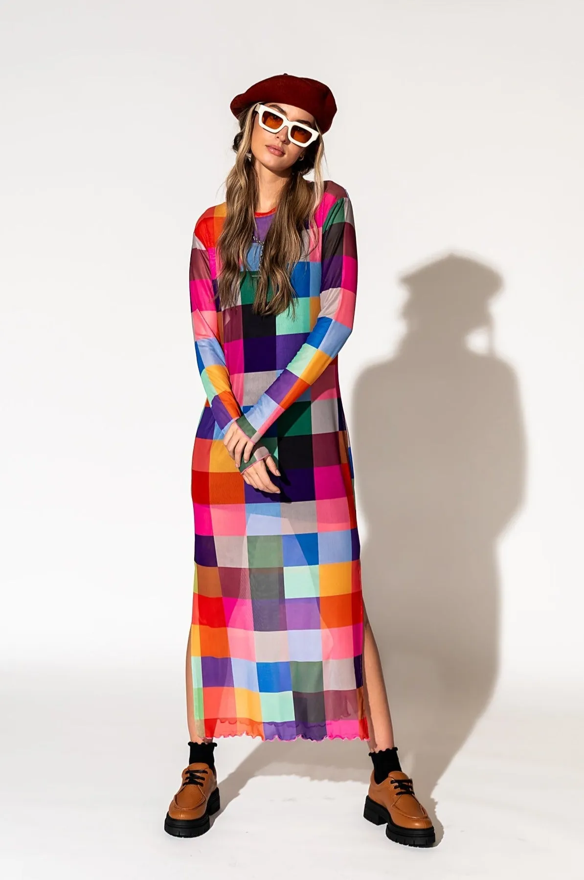 Mad About You Long Sleeve Mesh Dress in Forever Young Check