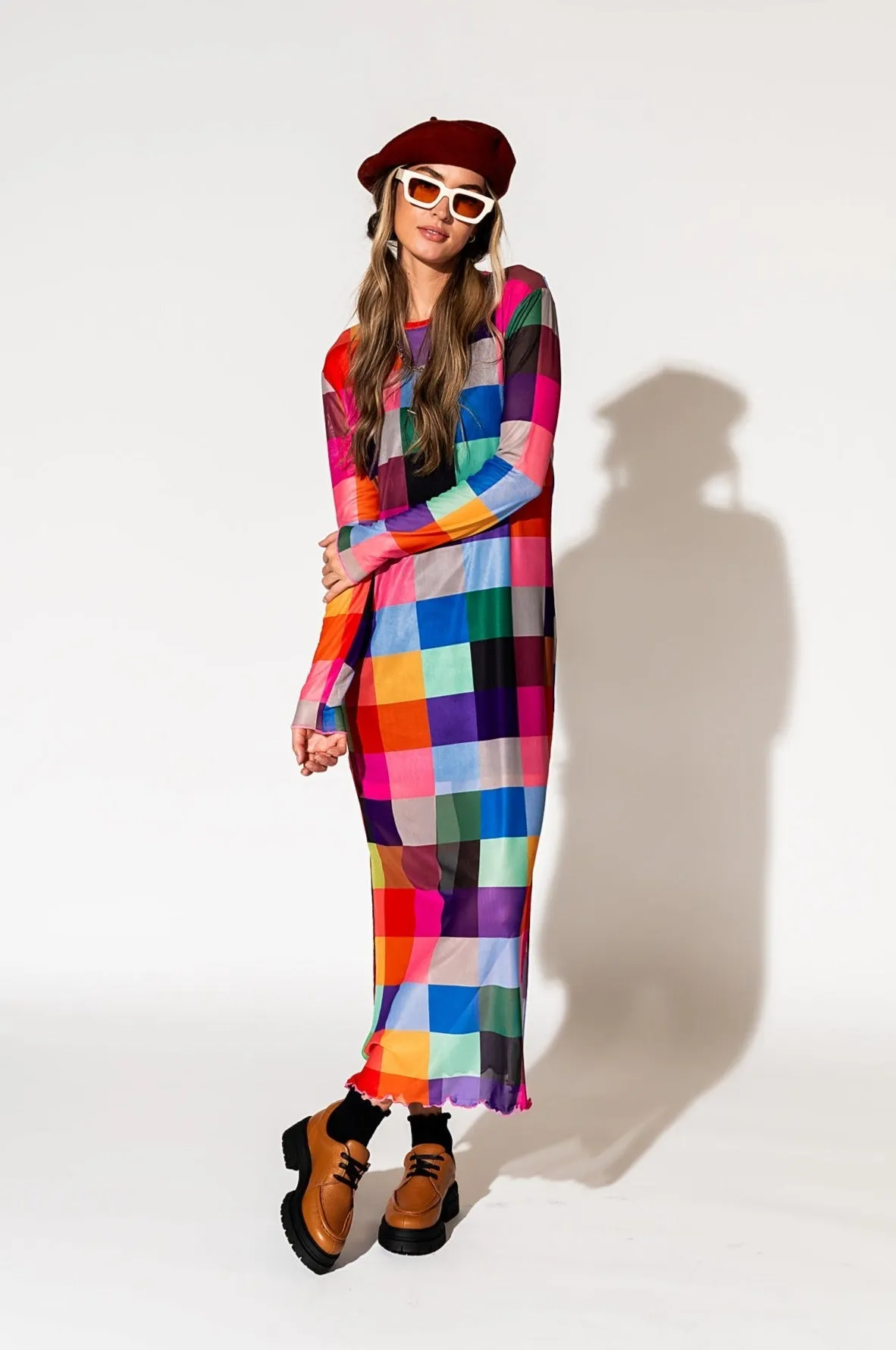 Mad About You Long Sleeve Mesh Dress in Forever Young Check
