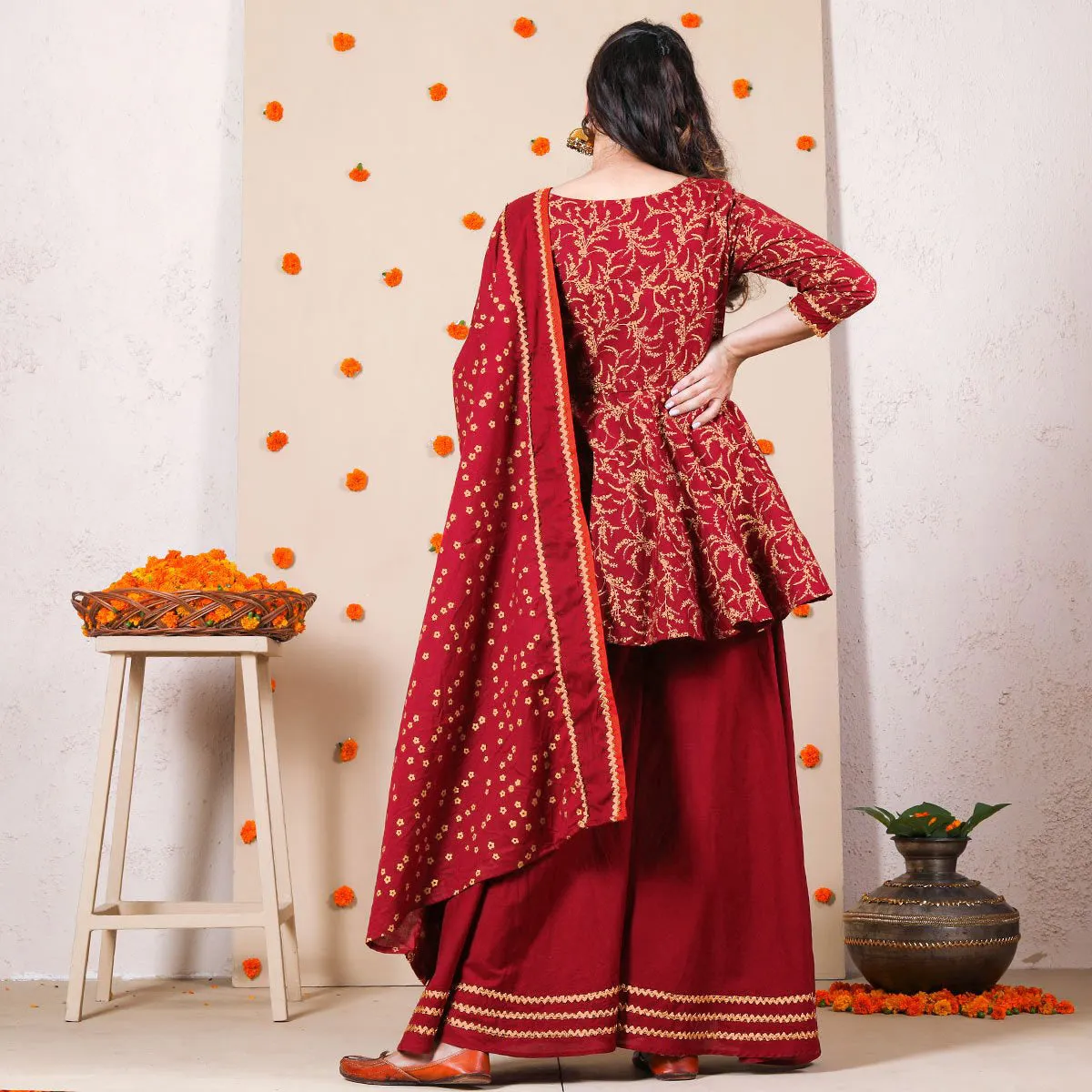 Maroon Festive Gold Printed Kurta Set with Dupatta for Women