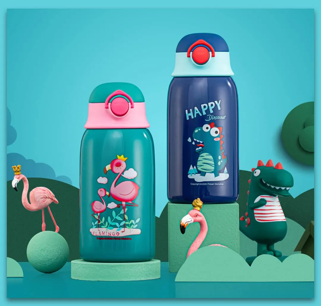 (PINKAH) Kids Bottle Cartoon Design | Stainless Steel (600ML) - Green