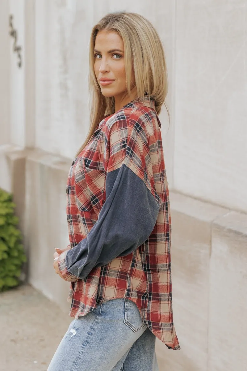 Red Plaid Color Block Button Down Shirt