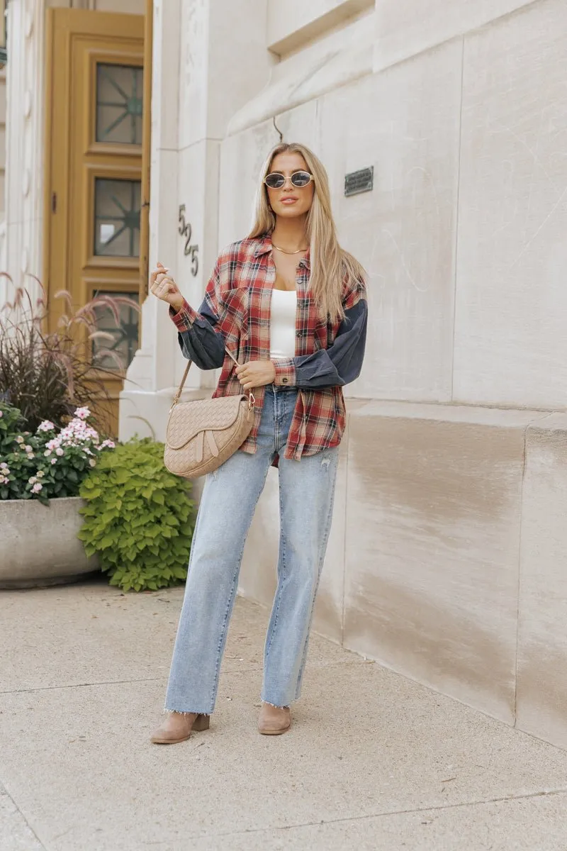Red Plaid Color Block Button Down Shirt