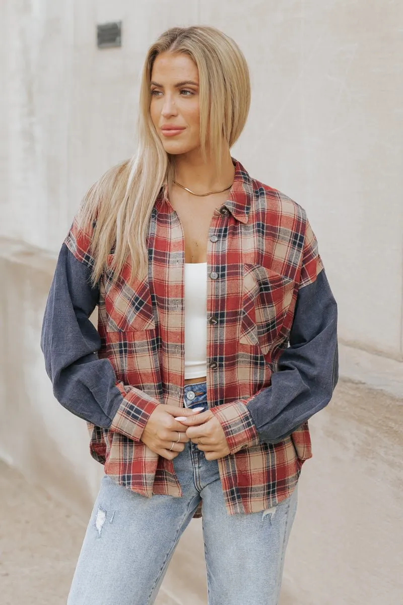Red Plaid Color Block Button Down Shirt