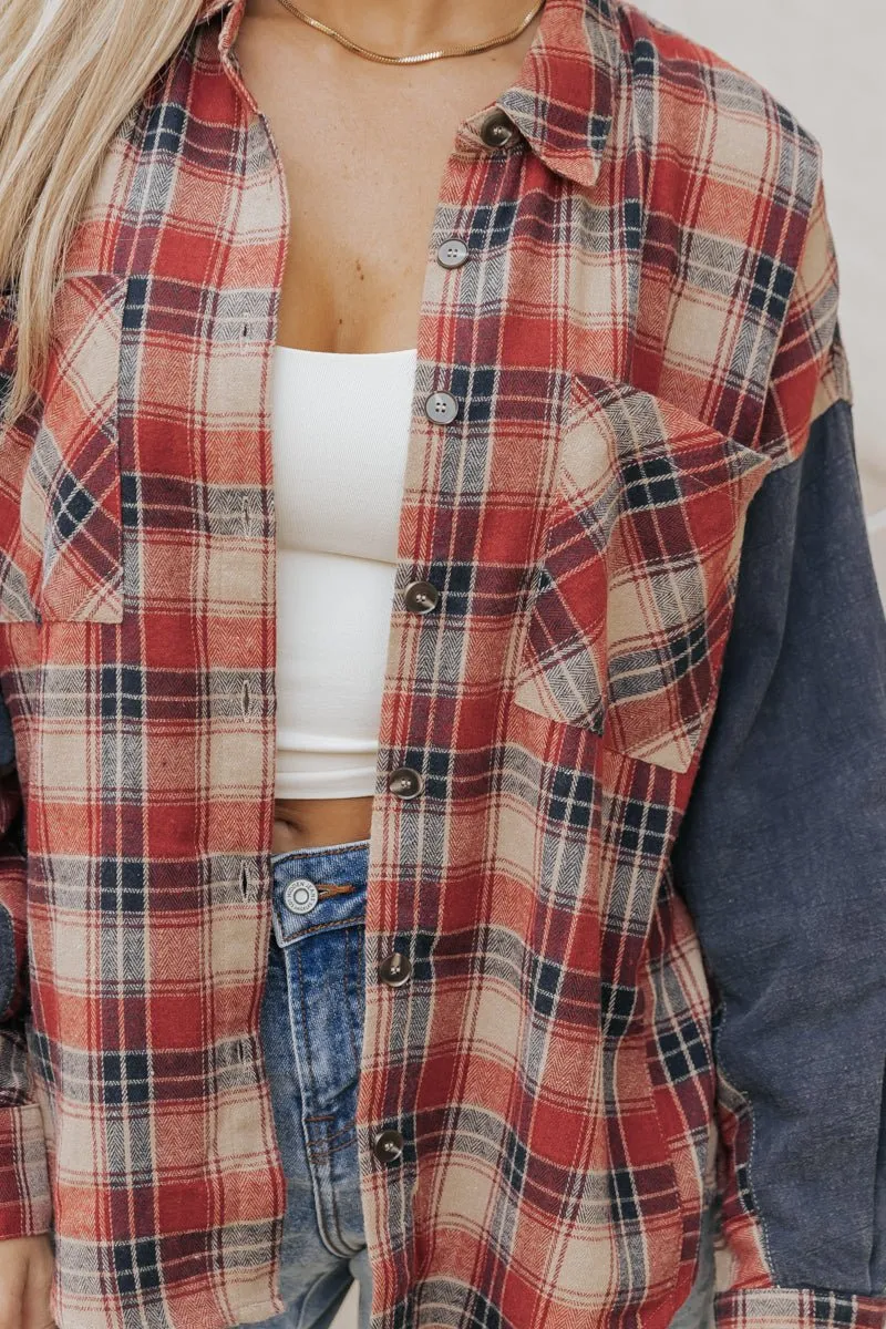 Red Plaid Color Block Button Down Shirt