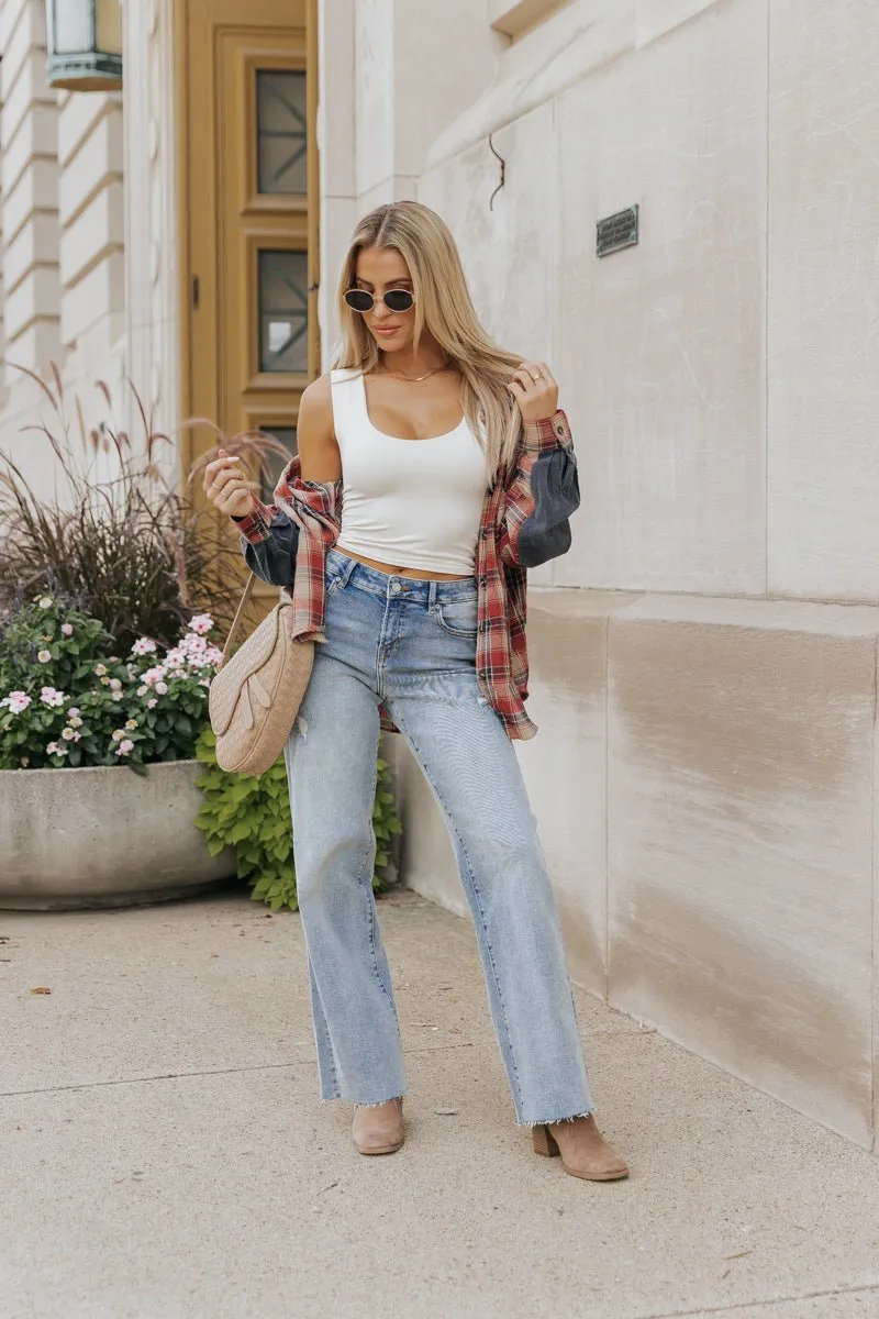 Red Plaid Color Block Button Down Shirt