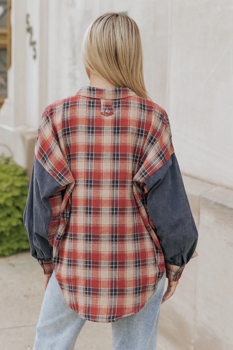 Red Plaid Color Block Button Down Shirt
