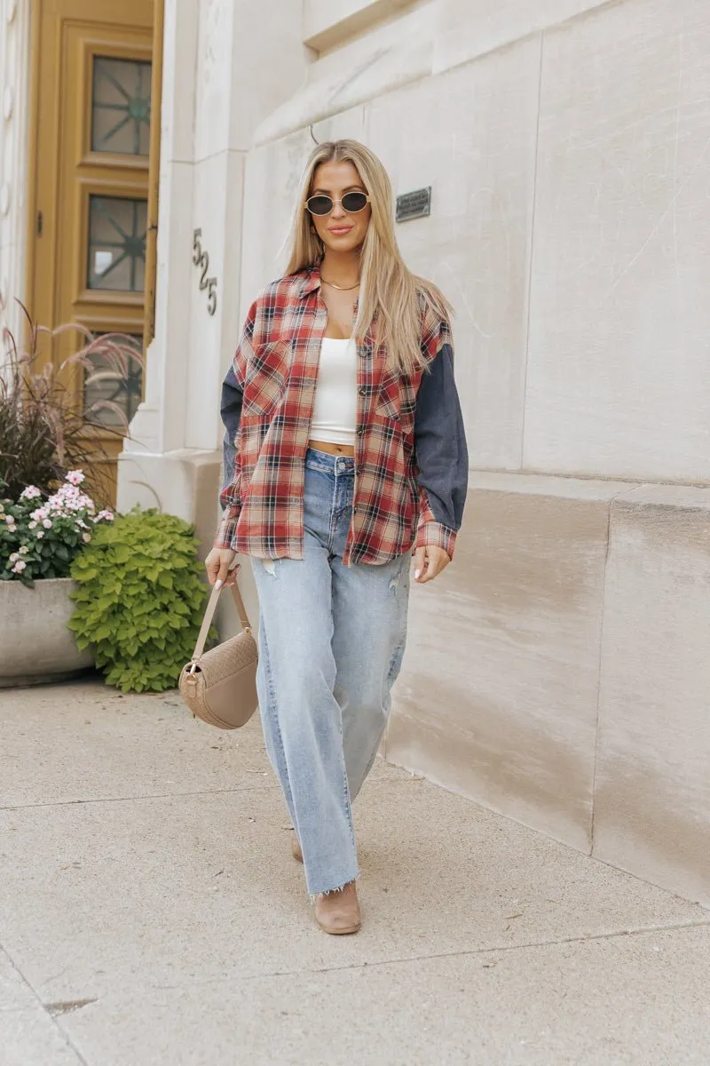 Red Plaid Color Block Button Down Shirt