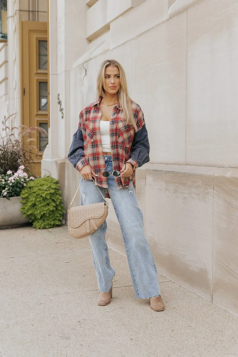 Red Plaid Color Block Button Down Shirt