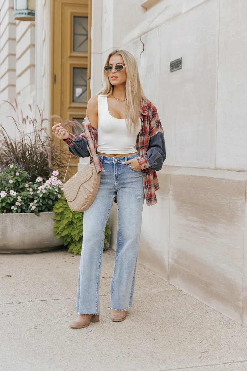 Red Plaid Color Block Button Down Shirt
