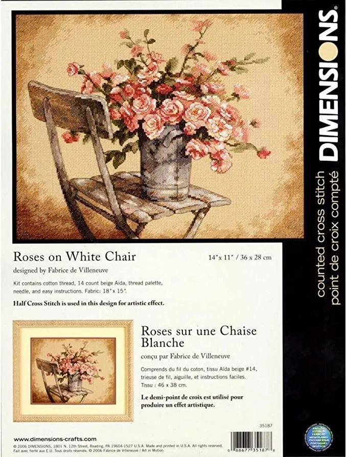 ROSES ON WHITE CHAIR, Counted Cross Stitch Kit, 14 count beige Aida, DIMENSIONS (35187)