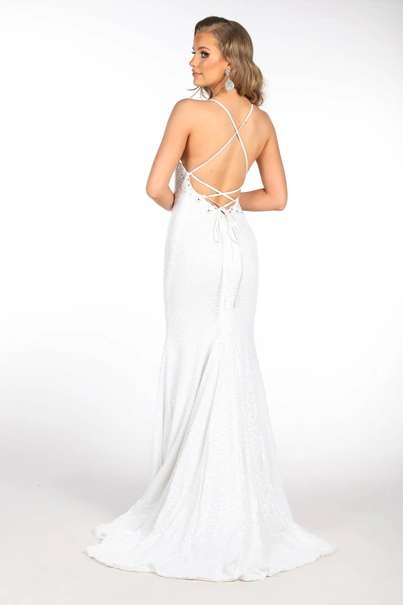 ROSIE LUXE Lace Up Back (No Slit) Sequin Gown - White