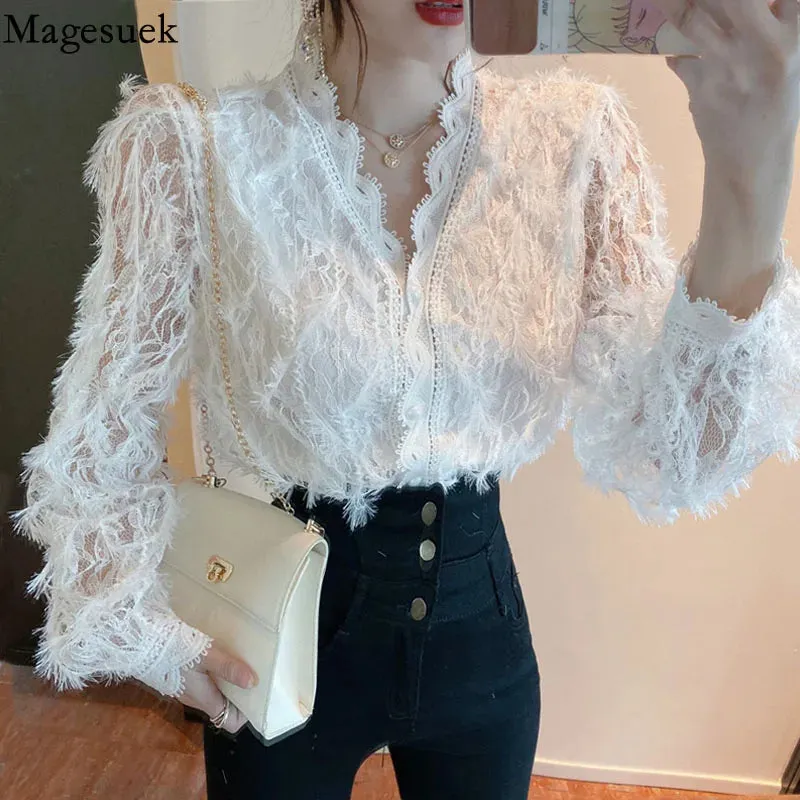 Sexy Long Sleeve Lace Blouse Women Tops Casual White Crochet Hollow Out Cropped Women's Shirt Turtleneck Female Blusas 16296