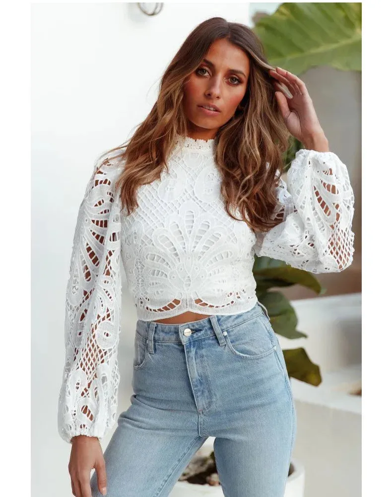 Sexy Long Sleeve Lace Blouse Women Tops Casual White Crochet Hollow Out Cropped Women's Shirt Turtleneck Female Blusas 16296