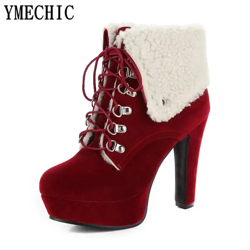 YMECHIC 2024 Retro Platform High Heel Ankle Boots – Warm Ladies’ Motorcycle Military Snow Boots in Red