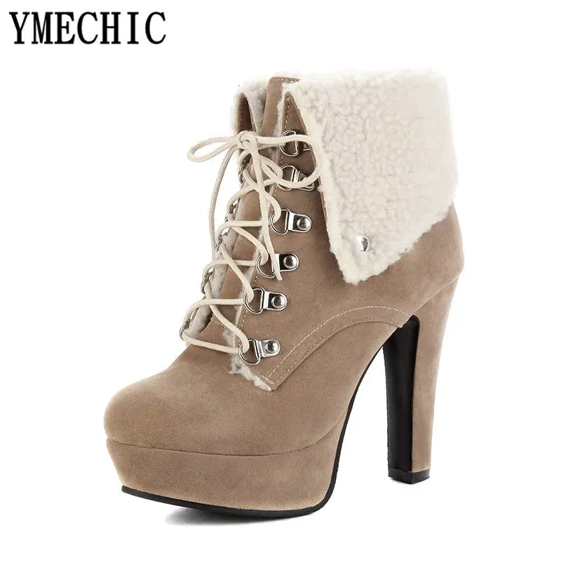 YMECHIC 2024 Retro Platform High Heel Ankle Boots – Warm Ladies’ Motorcycle Military Snow Boots in Red