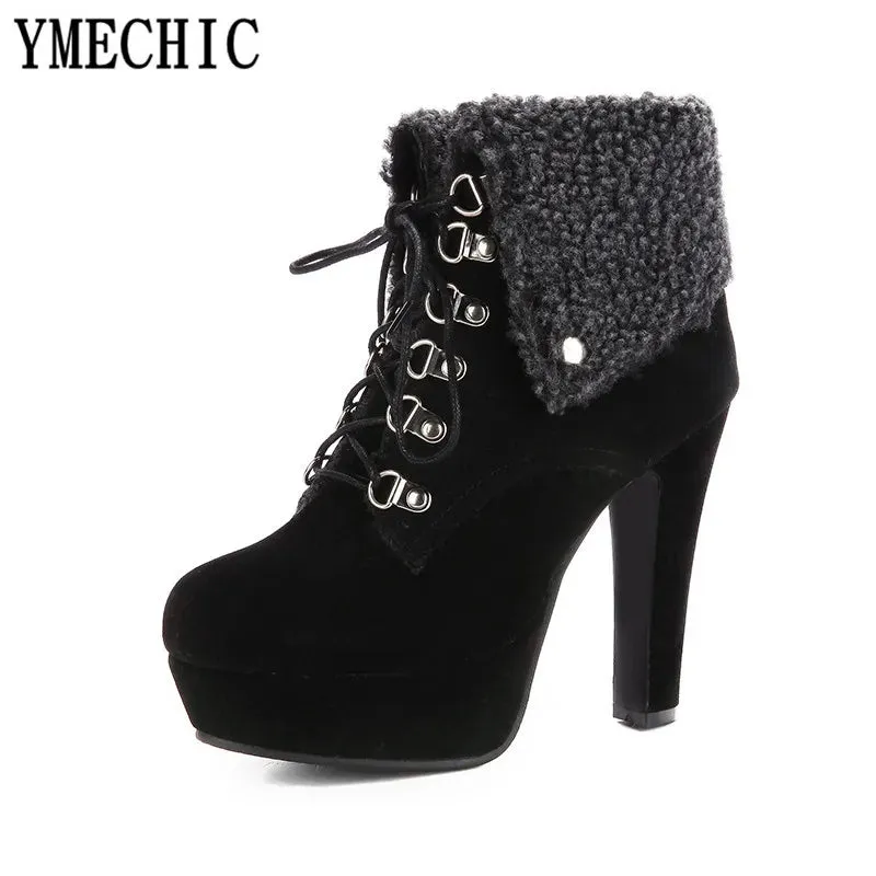 YMECHIC 2024 Retro Platform High Heel Ankle Boots – Warm Ladies’ Motorcycle Military Snow Boots in Red