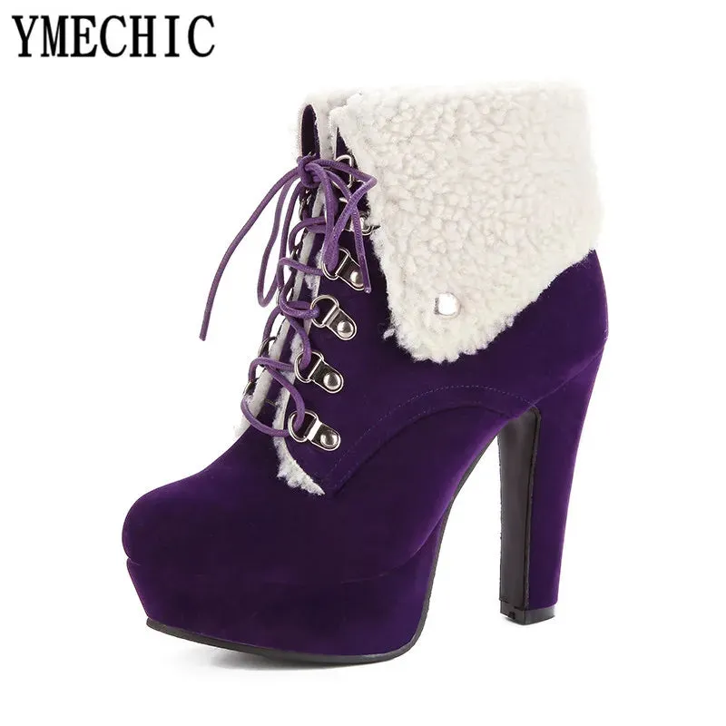 YMECHIC 2024 Retro Platform High Heel Ankle Boots – Warm Ladies’ Motorcycle Military Snow Boots in Red