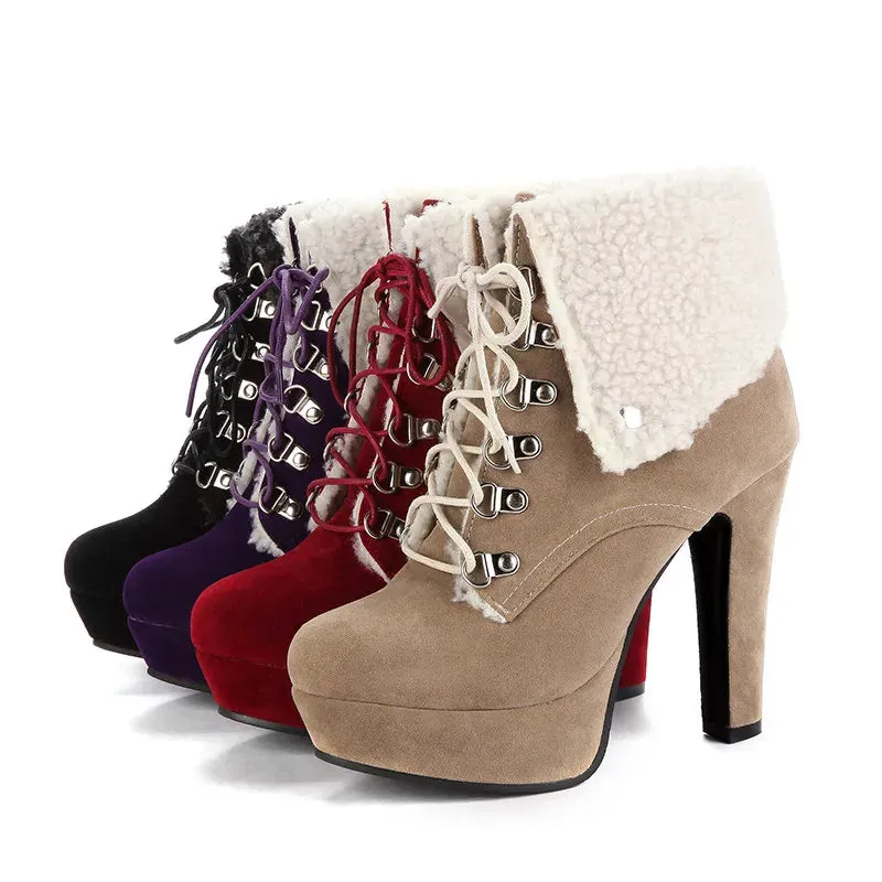 YMECHIC 2024 Retro Platform High Heel Ankle Boots – Warm Ladies’ Motorcycle Military Snow Boots in Red